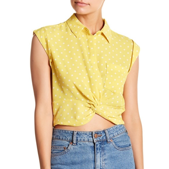 june & hudson Tops - NWT🍍Yellow Polka Dot Knot Crop Top with Pocket